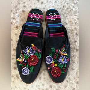 Inkkas Frida Slide Slip On Mules Shoes Black Floral Birds Embroidered